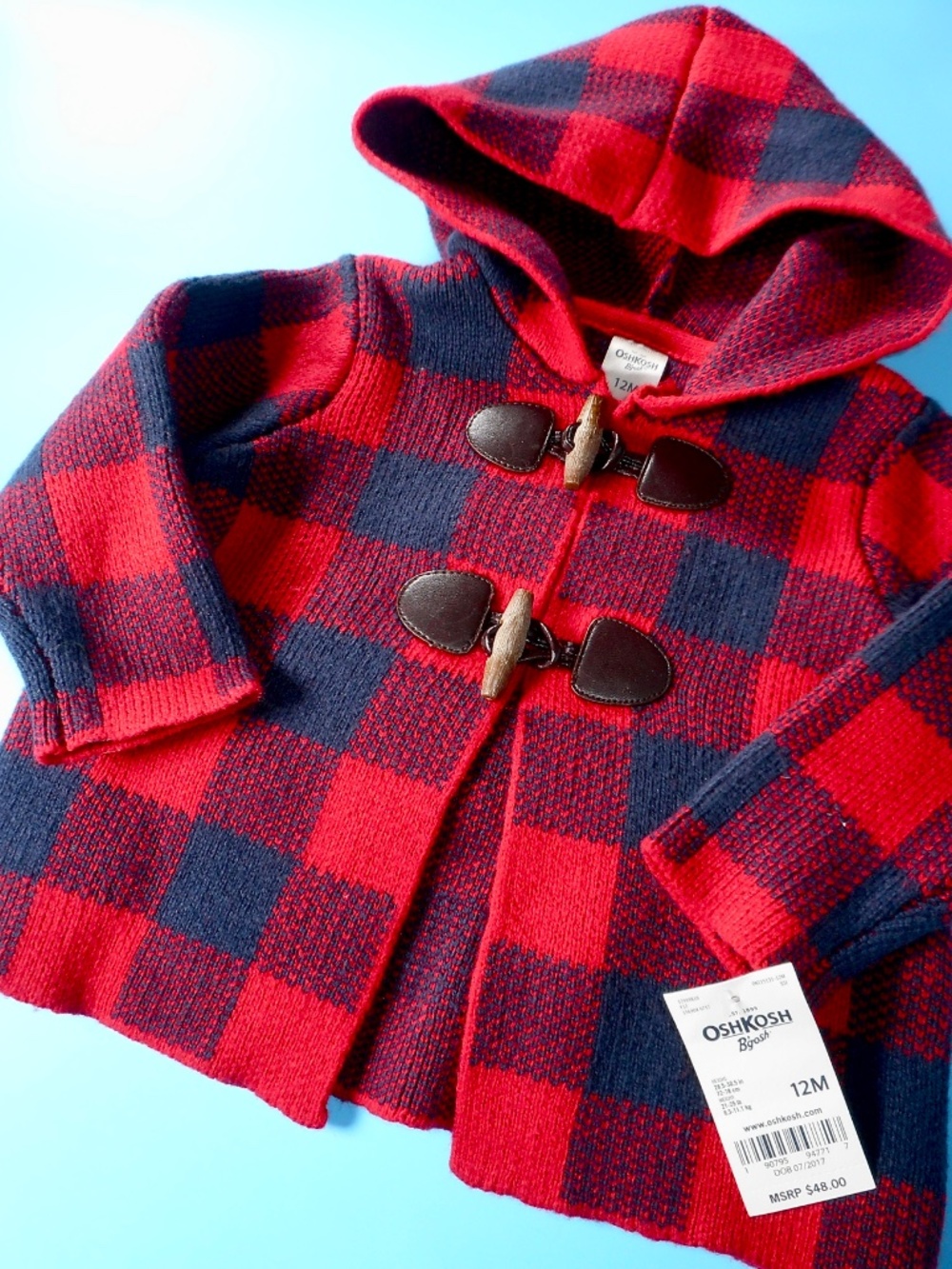 OshKosh BGosh Wool Blend 12 Month Plaid Jacket Hoodie Toggle Red Blue Unisex NWT